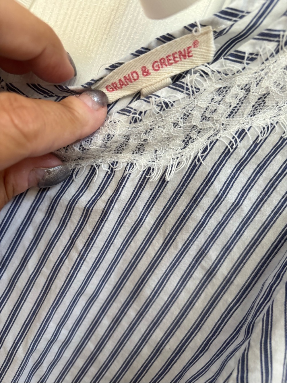 Woman’s Light Blue Striped Lace-Trim Top w/ Back Tie, Size S, EUC - Picture 5 of 5
